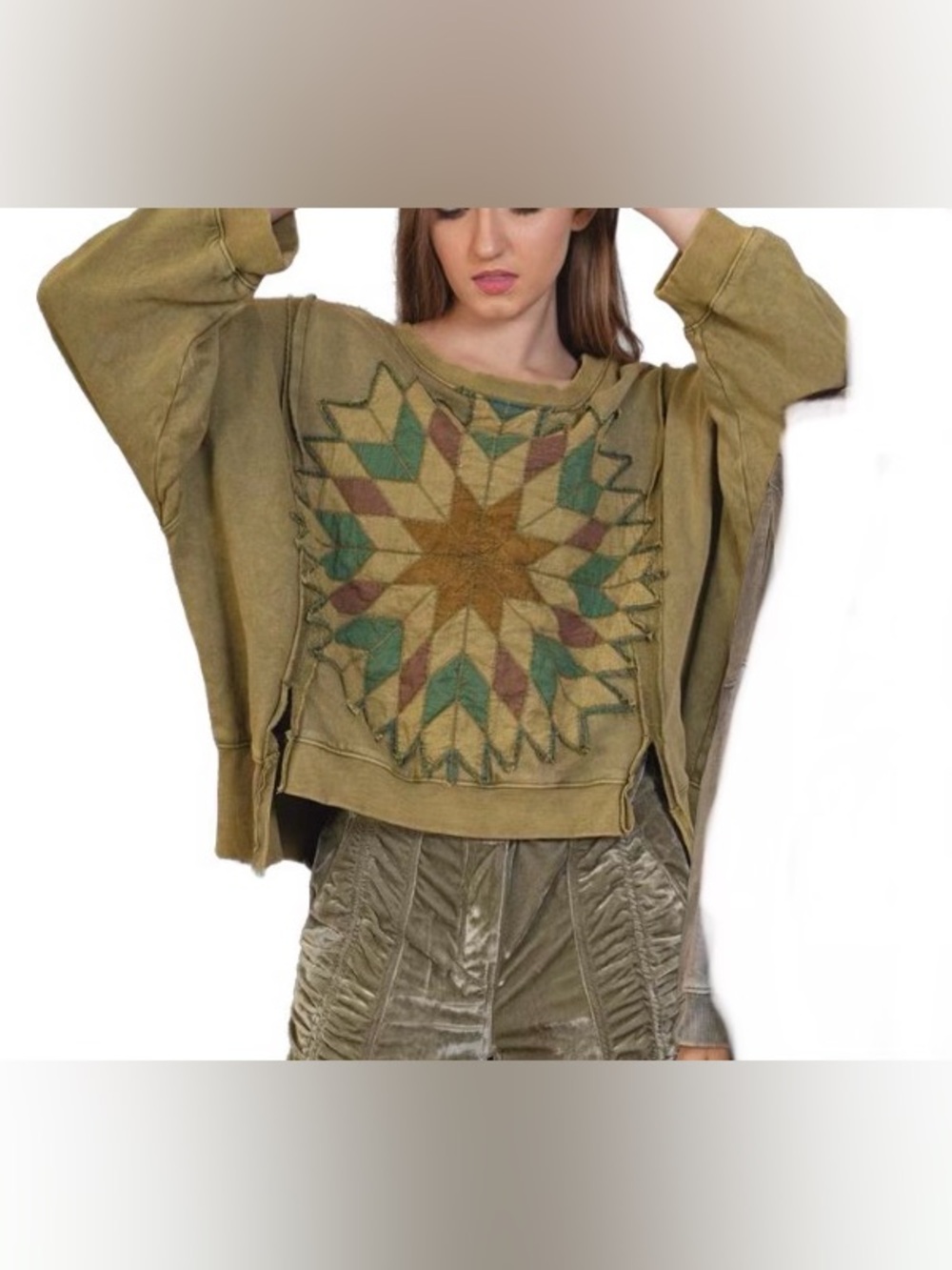 Washed Olive Geometric Star Pullover Top